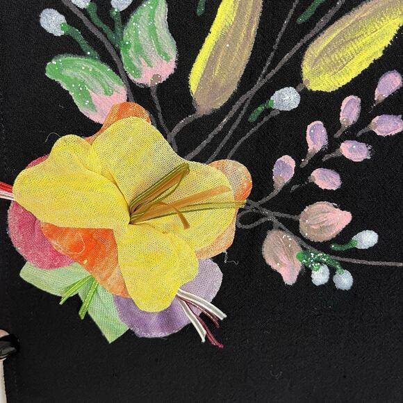 Vintage Ana Rosa Signed Scarf Mexico Art Hand Painted Crafted Fringe Shawl Black - Picture 4 of 6